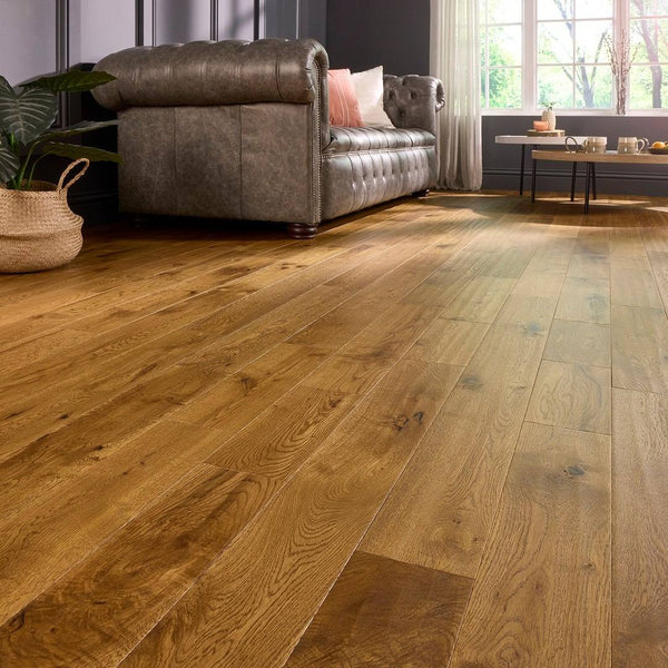 Watton 18mm x 120mm Solid Oak Flooring Golden Handscraped Matt Lacquer