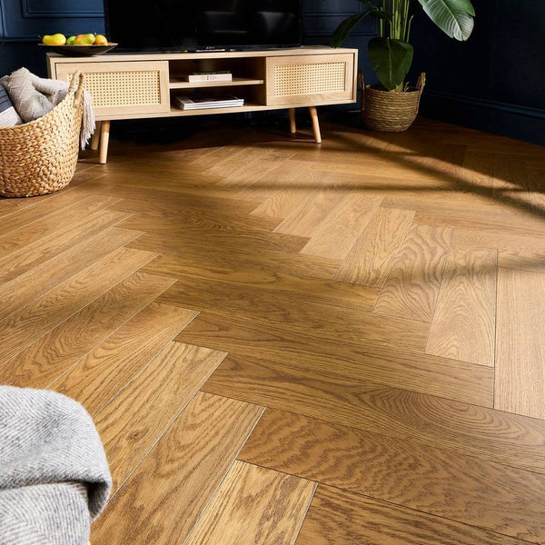 Herringbone Parquet Engineered Wood Flooring 14mm Ambergrain Oak Brushed Lacquer