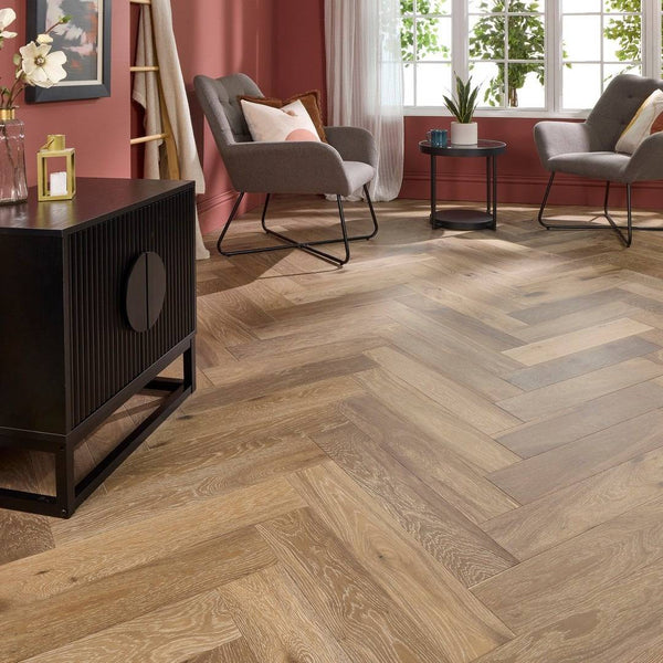 Herringbone Parquet Engineered Wood Flooring 14mm Genuine Smoke Grey Oak Brushed Oiled