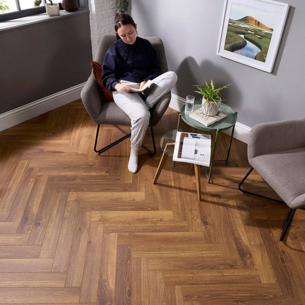 Embrace Herringbone Laminate Flooring Smoked Oak 14mm Built-in Underlay