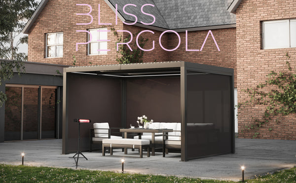 SplitZone™ 3x4m Grey Aluminium Pergola with LEDs, Mid-Beam Louvred Roof + Windscreens