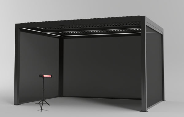 SplitZone™ 3x4m Grey Aluminium Pergola with LEDs, Mid-Beam Louvred Roof + Windscreens