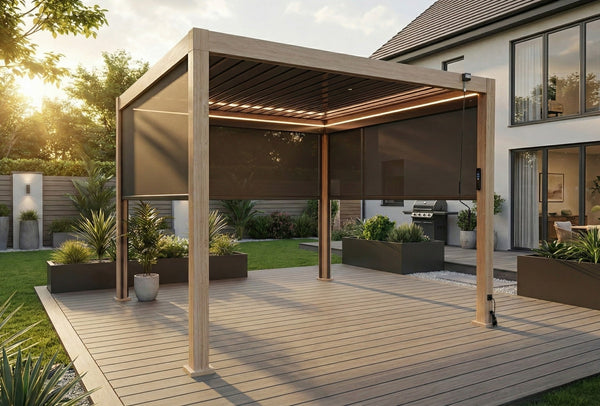 LuxShade™ 3x3m Aluminium Pergola - LEDs, Double-Layer Louvres & 3 Windscreens - Oak Effect