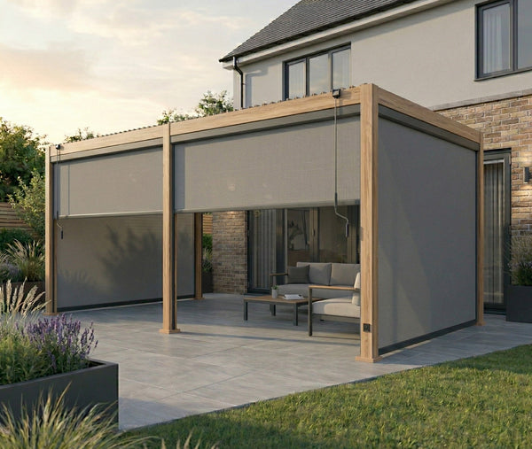 LuxShade™ 3x6m Aluminium Pergola LEDs, Double-Layered Louvred Roof & Blinds Oak Effect