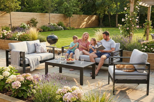 Aluminium 4-Piece Garden Furniture Set - 6 Seater Lounge (3+2+1) - Black and Grey