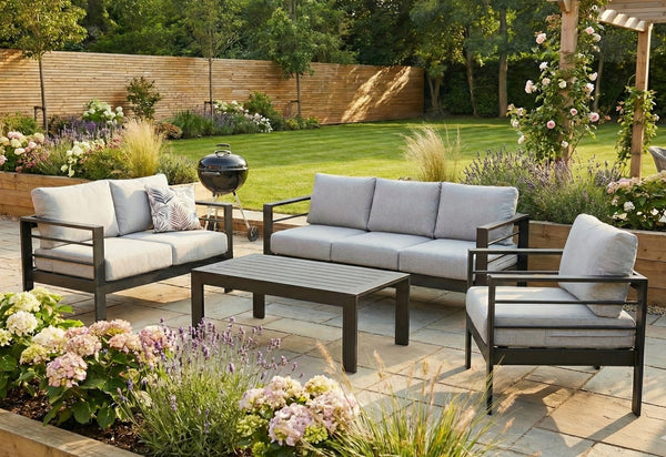 Aluminium 4-Piece Garden Furniture Set - 6 Seater Lounge (3+2+1) - Black and Grey