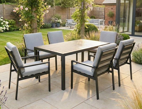 Modern Aluminium 6-Seater Garden Dining Set - Rust Proof & Weather Resistant - Black / Grey