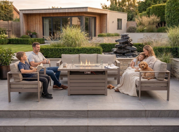 Modern 7-Seater Aluminium Fire Pit Lounge Set (3 & 2 Seater, 2 Chairs) - Taupe / Natural