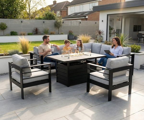 Aluminium Right Hand Corner Garden Sofa Set with Fire Pit Table & Armchairs - Black & Grey