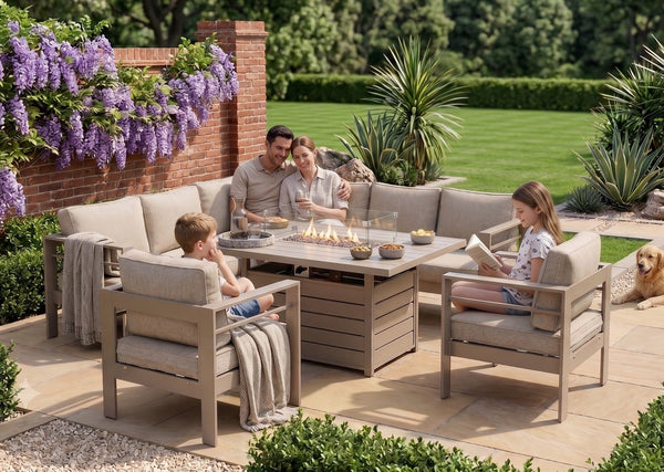 Aluminium Left-Hand Corner Garden Sofa Set with Fire Pit Table & Armchairs - Taupe / Natural