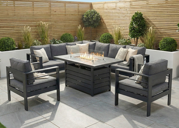 Aluminium Left Hand Corner Garden Sofa Set with Fire Pit Table & Armchairs - Grey