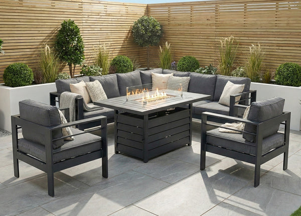 Aluminium Right Hand Corner Garden Sofa Set with Fire Pit Table & Armchairs - Grey
