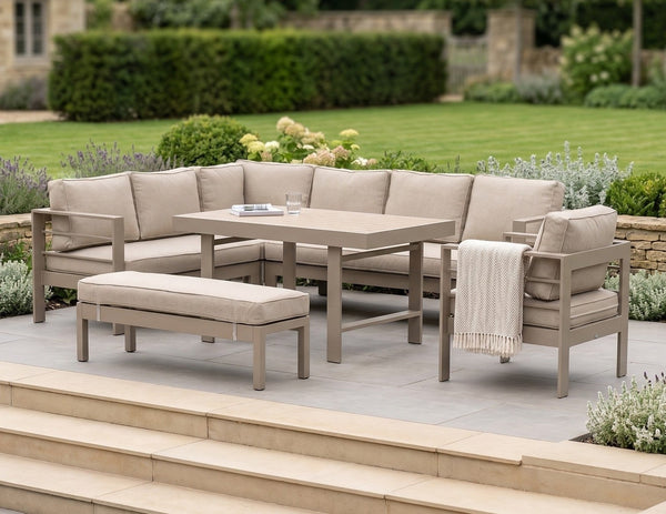 Aluminium Left Hand Corner Garden Sofa & Dining Set with Bench - Taupe / Natural