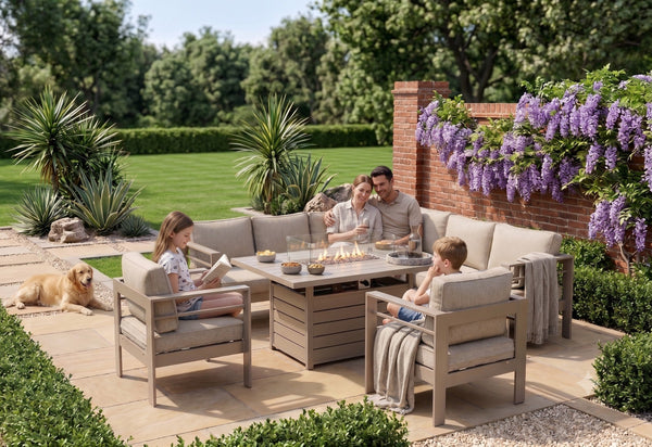 Aluminium Right-Hand Corner Garden Sofa Set with Fire Pit Table & Armchairs - Taupe / Natural