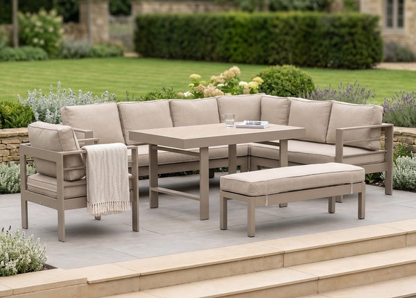 Aluminium Right Hand Corner Garden Sofa & Dining Set with Bench - Taupe / Natural