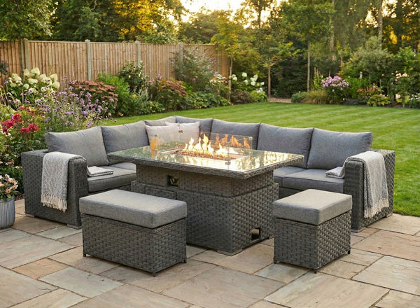Apollo Luxury Rattan Left Hand Corner Sofa Stool Bench and Rising Fire Pit Table - Grey