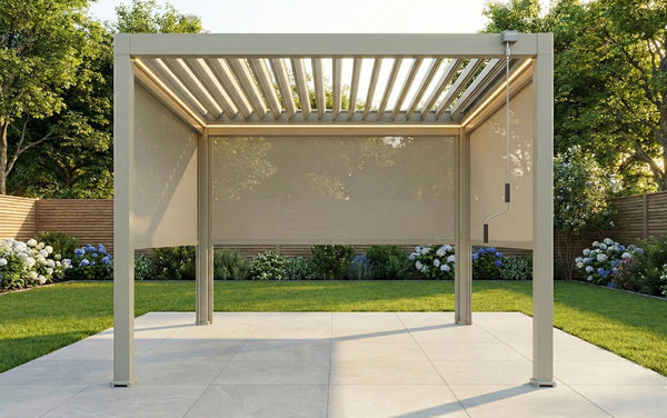 LuxShade™ 3x3m Pebble Aluminium Pergola with LEDs, Double-Layered Roof & 3 Blinds
