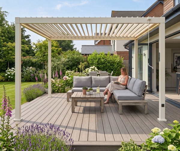 LuxShade™ 3x4m Pebble Aluminium Pergola with LEDs, Double-Layered Roof