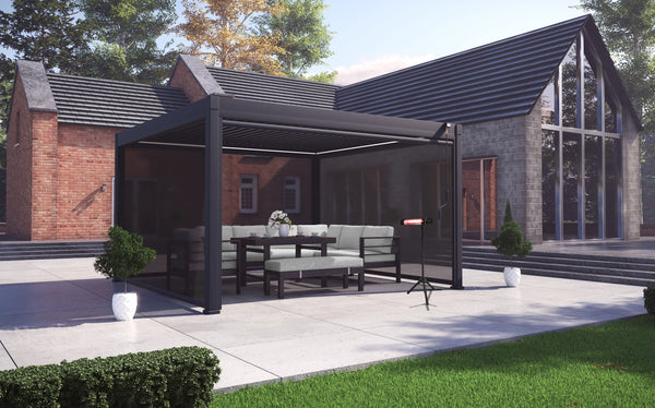 LuxShade™ 4x4m Aluminium Pergola with LEDs, Double-Layered Louvred Roof & 3 Blinds