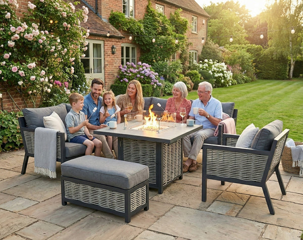 Porto Aluminium Corner Sofa, Chair, Bench with Ceramic Fire Pit Table Set in Grey