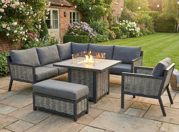 Porto Aluminium Corner Sofa, Chair, Bench with Ceramic Fire Pit Table Set in Grey