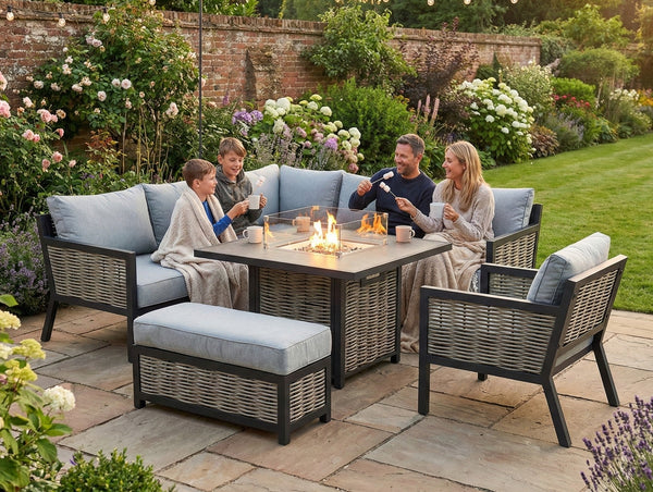 Porto Aluminium Corner Sofa, Chair, Bench with Ceramic Fire Pit Table Set in Light Grey