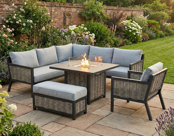 Porto Aluminium Corner Sofa, Chair, Bench with Ceramic Fire Pit Table Set in Light Grey