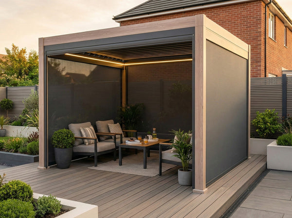 LuxShade™ 3x3m Aluminium Pergola - LEDs, Double-Layer Louvres & 3 Windscreens - Oak Effect