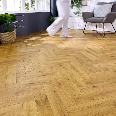 Herringbone Solid Wood Flooring 18mm Golden Brushed Matt Lacquer