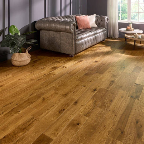 Watton 18mm x 120mm Solid Oak Flooring Golden Handscraped Matt Lacquer