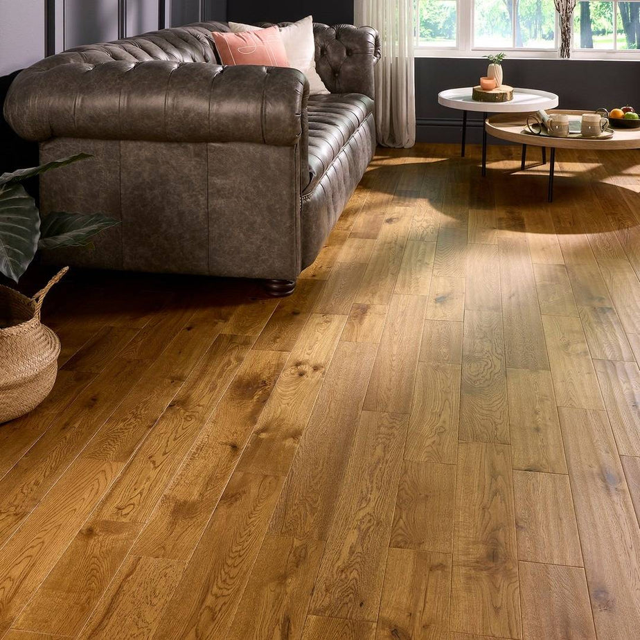 Watton 18mm x 120mm Solid Oak Flooring Golden Handscraped Matt Lacquer