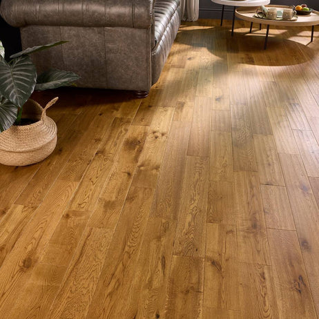 Watton 18mm x 120mm Solid Oak Flooring Golden Handscraped Matt Lacquer