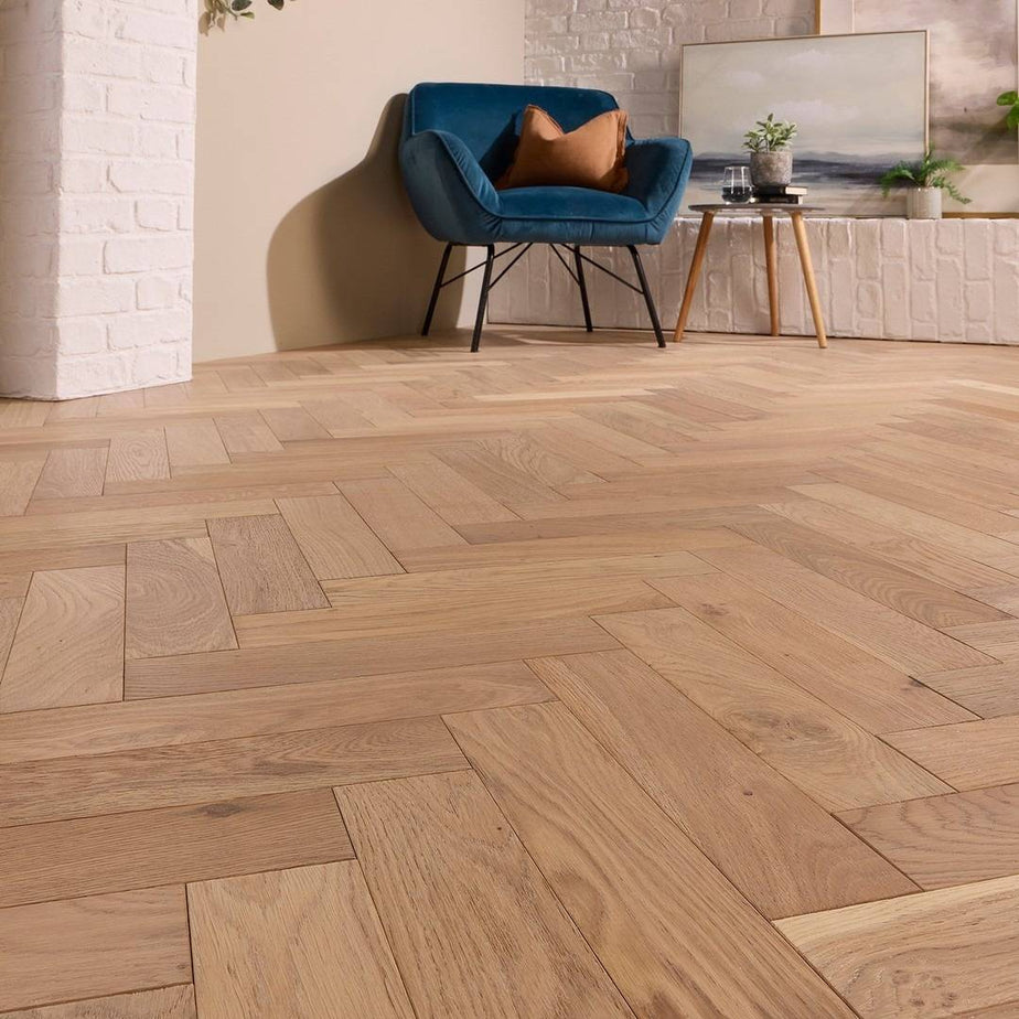 Herringbone Parquet Engineered Wood Flooring 18mm Deep Brushed White Oiled