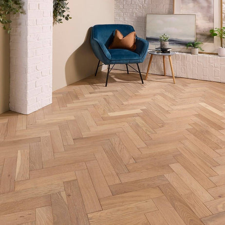 Herringbone Parquet Engineered Wood Flooring 18mm Deep Brushed White Oiled