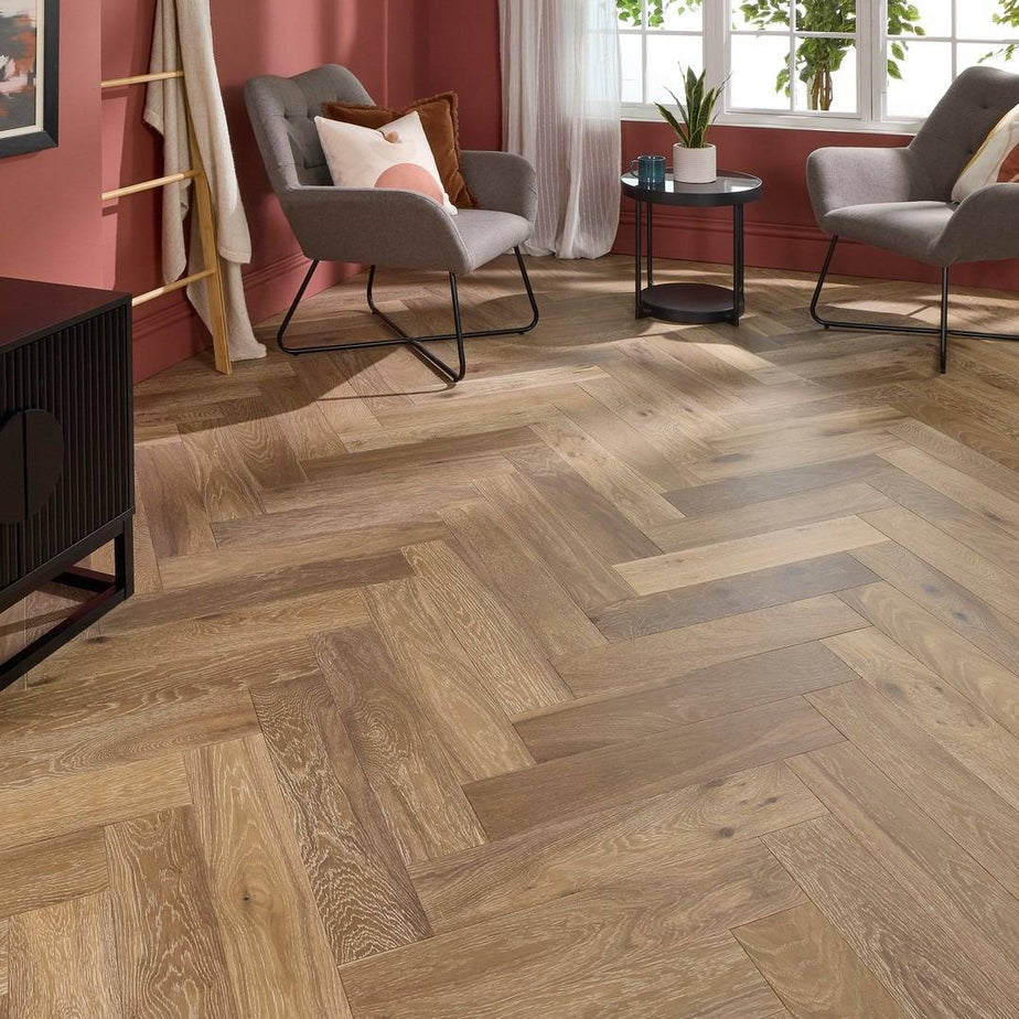 Herringbone Parquet Engineered Wood Flooring 14mm Genuine Smoke Grey Oak Brushed Oiled