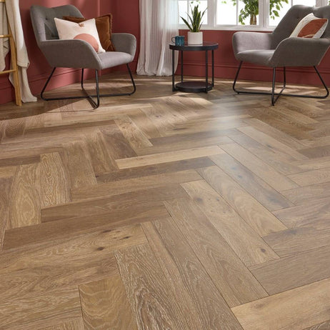 Herringbone Parquet Engineered Wood Flooring 14mm Genuine Smoke Grey Oak Brushed Oiled