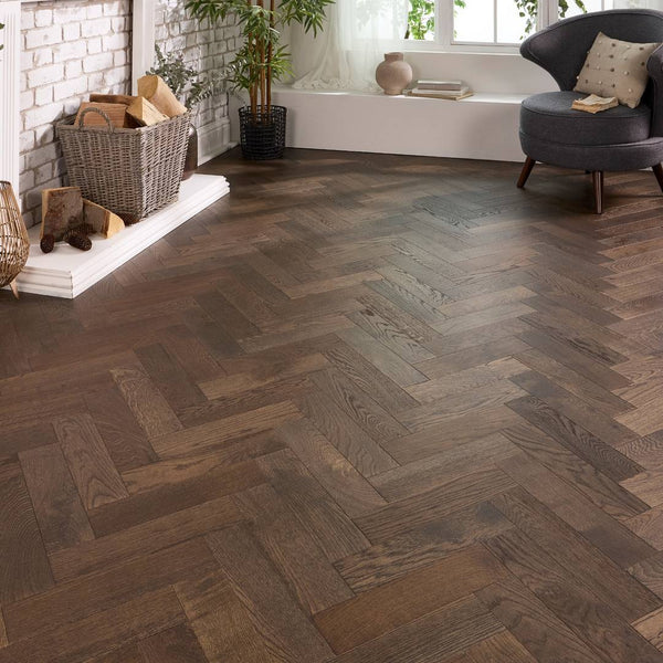 Herringbone Parquet Engineered Wood Flooring 12mm Smoked Brushed Lacquer