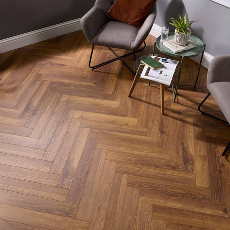 Embrace Herringbone Laminate Flooring Smoked Oak 14mm Built-in Underlay