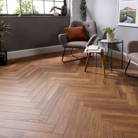 Embrace Herringbone Laminate Flooring Smoked Oak 14mm Built-in Underlay