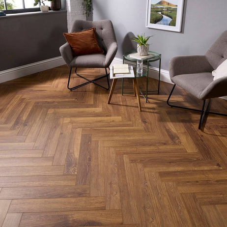 Embrace Herringbone Laminate Flooring Smoked Oak 14mm Built-in Underlay
