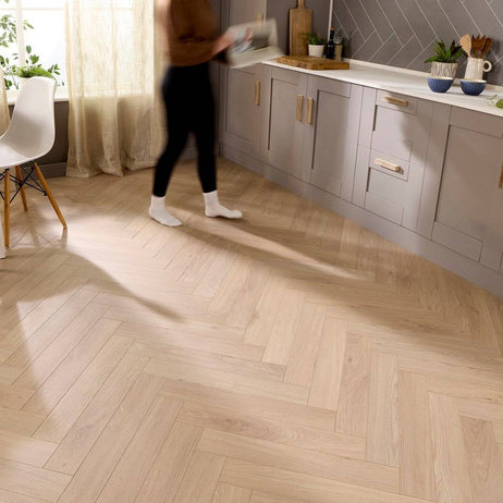Embrace Herringbone Laminate Flooring Arctic Beige 14mm Built-in Underlay
