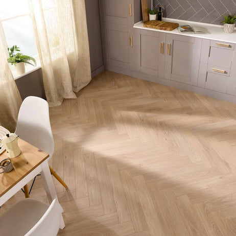 Embrace Herringbone Laminate Flooring Arctic Beige 14mm Built-in Underlay