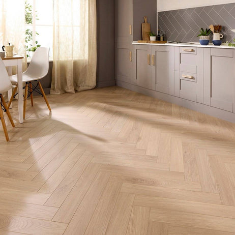 Embrace Herringbone Laminate Flooring Arctic Beige 14mm Built-in Underlay