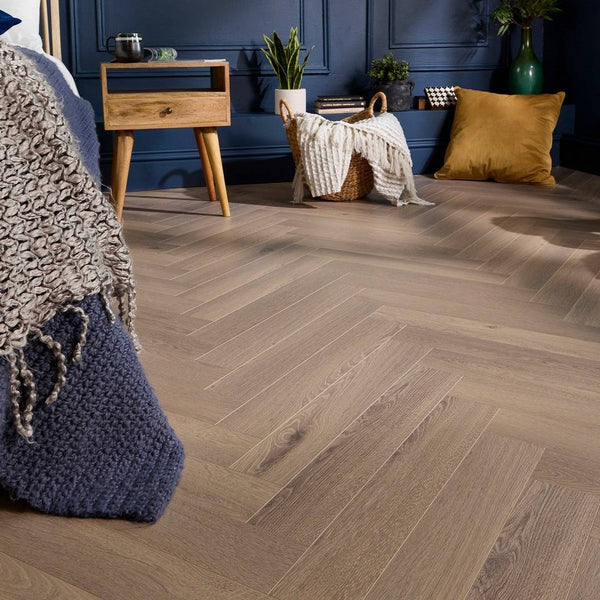 Embrace Herringbone Laminate Flooring Crystal Oak 14mm Built-in Underlay
