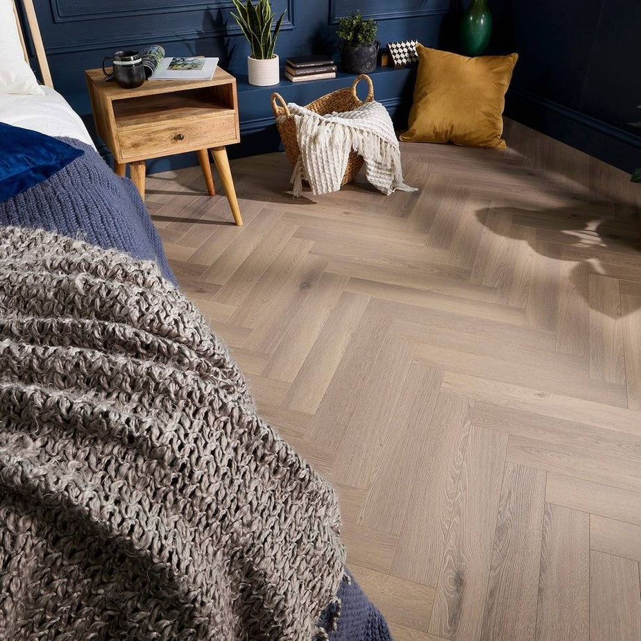 Embrace Herringbone Laminate Flooring Crystal Oak 14mm Built-in Underlay