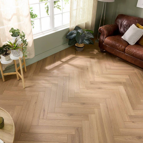 Embrace Herringbone Laminate Flooring Farmhouse Oak 14mm Built-in Underlay