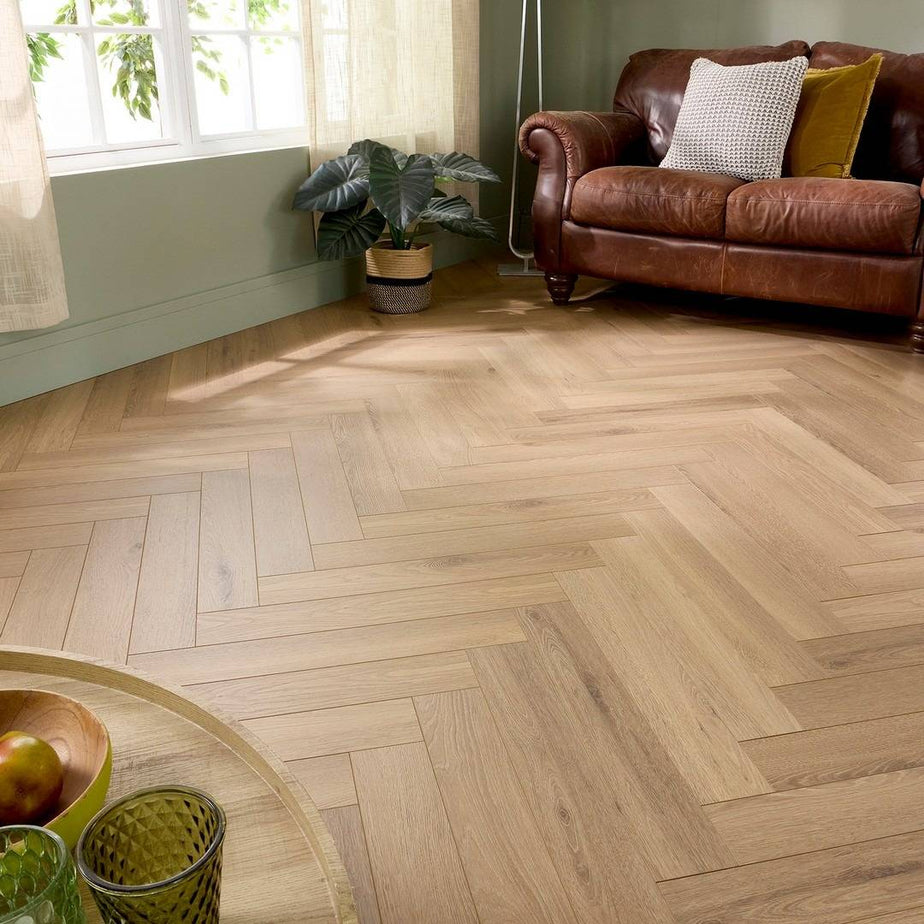 Embrace Herringbone Laminate Flooring Farmhouse Oak 14mm Built-in Underlay