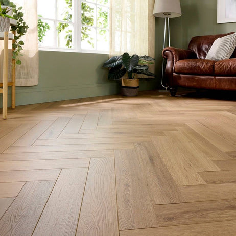 Embrace Herringbone Laminate Flooring Farmhouse Oak 14mm Built-in Underlay
