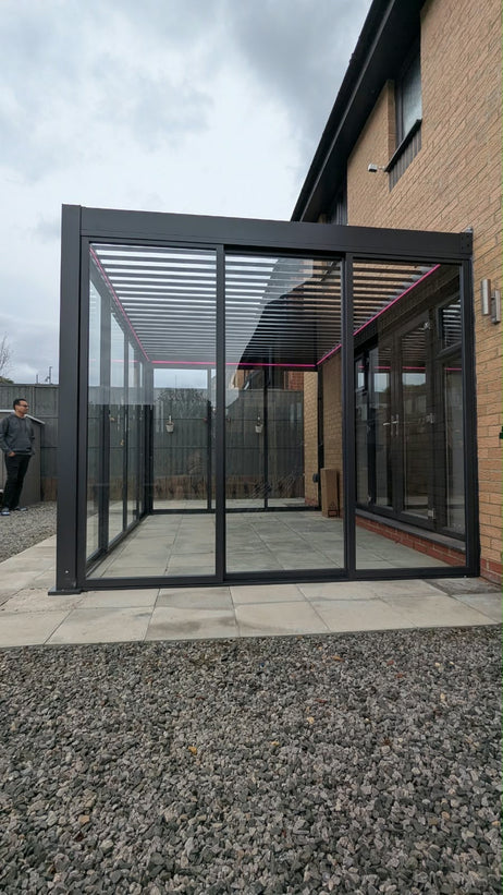 EdgeShade™ 3m x 4m Wall-Mounted Aluminium Pergola, Louvred Roof, RGBW LEDs & 3 Zip Windscreens - Grey