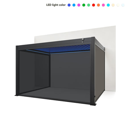 EdgeShade™ 3m x 4m Wall-Mounted Aluminium Pergola, Louvred Roof, RGBW LEDs & 3 Zip Windscreens - Grey